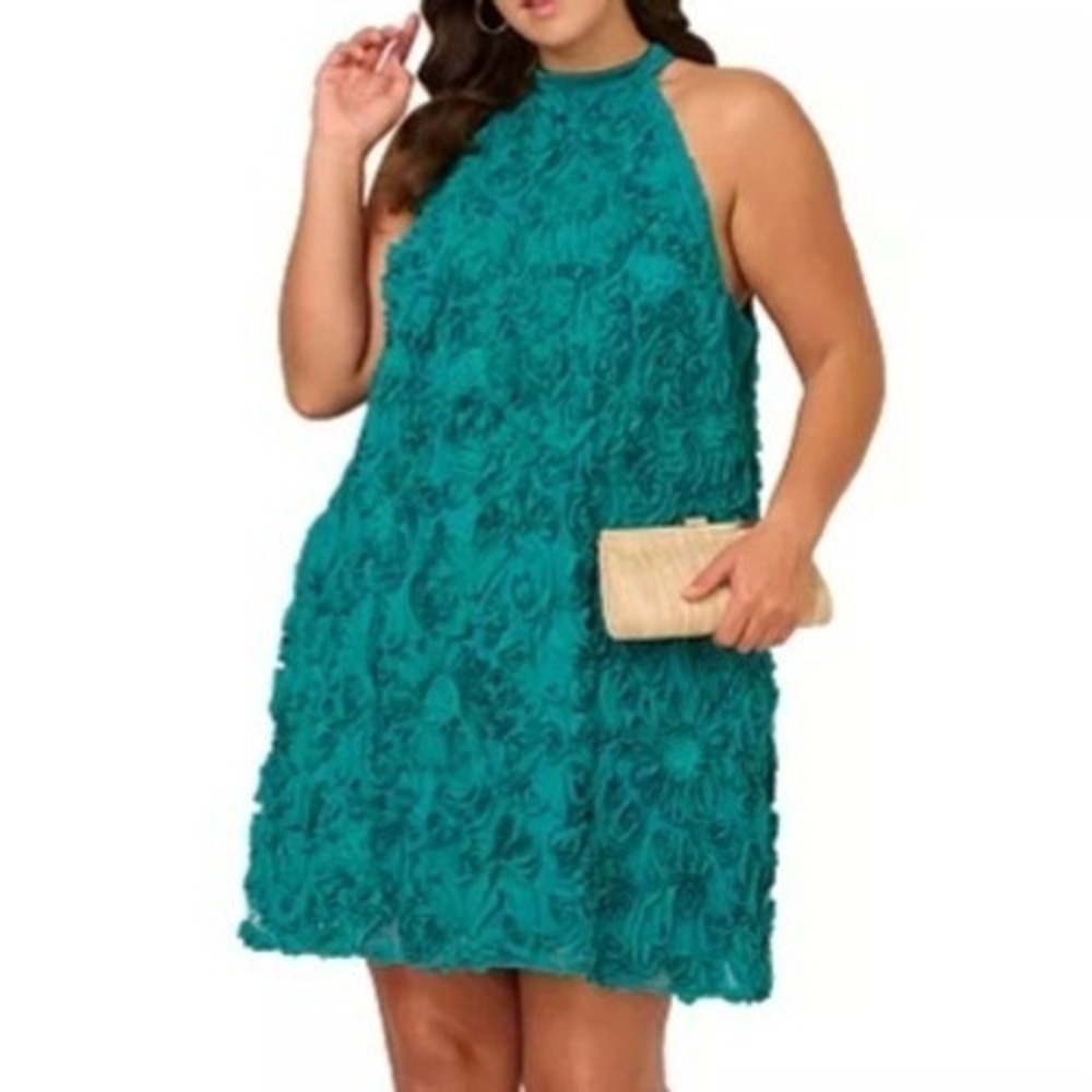 Adrianna Papell Embroidered Short Halter Floral Sleeveless Teal Dress Womens 22W